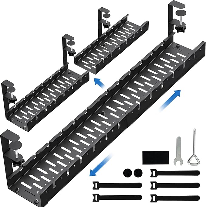 No Drilling Extendable Under Desk Cable Management, Metal Cable Management Tray Under Desk with Clamp, Retractable Power Strip Cord Holder for Wire Management 31Inch(1 Pack Black Extendable 31')
