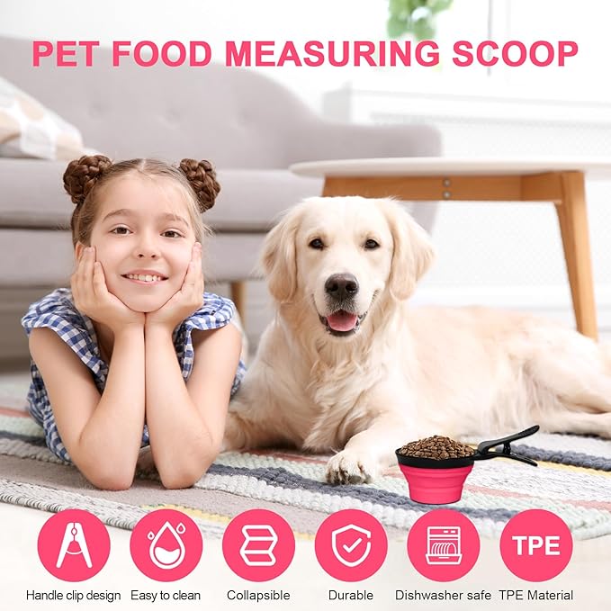PNEUICALLY Collapsible Dog Food Scoop Foldable Pet Food Bag Clip 3 in 1 Multi-function Silicone Cat Food Measuring Cup Scoop Dog Food Scooper Pet Food Storage Clip (Rose Red, 2 Cup Capacity(1 Pack))