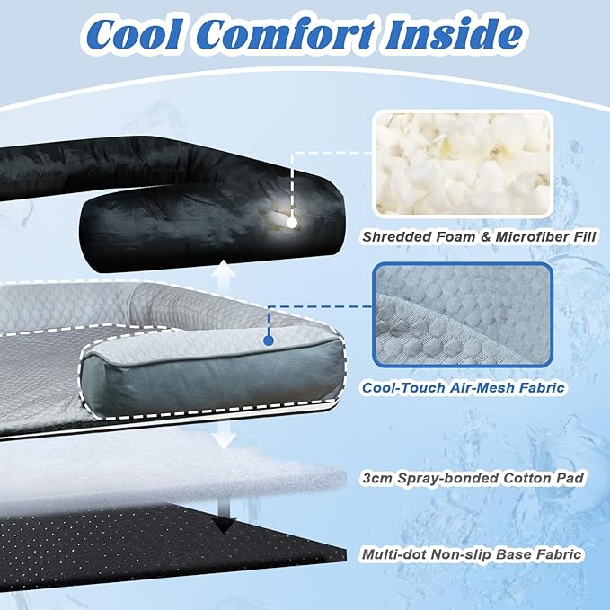 GGIB Cooling Dog Bed Mat with Bolster Pillow Washable Dog Couch Cover Breathable Summer Pet Couch Bed Protector Indoor(Extra Large, Cooling Grey)