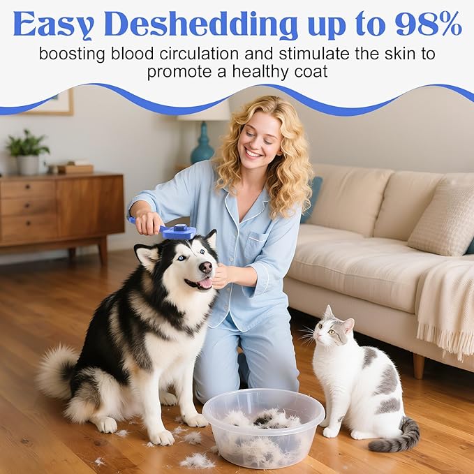 Self Cleaning Dog Brush for Shedding - Bristle Brush and Long/Short Needles Design, Skin Friendly, Slicker Deshedding Dog Brush, Hair Removal for Long & Short Haired Pets (Blue)