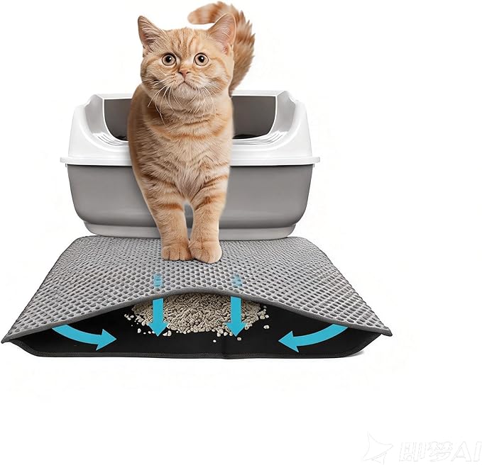 Cat Litter Mat 30x24 Inches, Honeycomb Double Layer Traps Litter & Waterproof Leatherette Bottom Prevents Urine Leaks, Durable & Easy Clean Pet Floor Protector for Cat Litter Box Area（Grey）