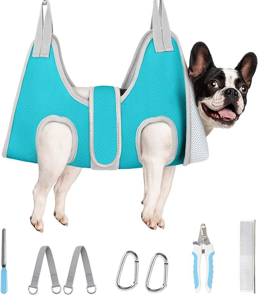 Supet Dog Grooming Hammock for Medium Dogs, Dog Hanging Harness for Nail Trimming Doorframe, Pet Holder Restraint for Clipping Nails, Pet Hoist Sling for Cutting Nails at Home (Blue M)