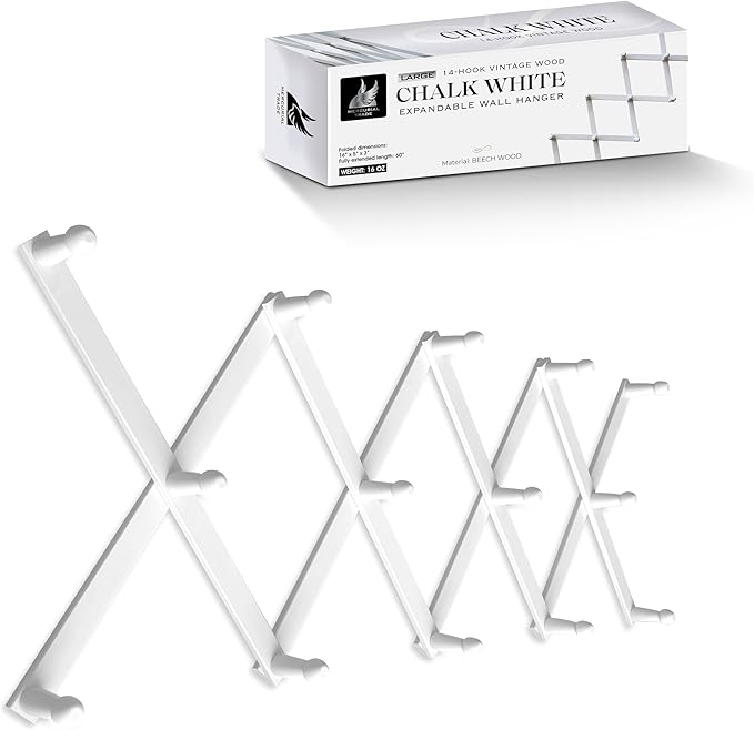 Mercurial Trade Expandable Wooden Coat Rack Hanger - Large Accordion Hanger with Expanding Pegs | Hand Made Modern Wooden Hat Rack for Wall | Hang Coat, Jacket, Hat | Wall Rack – 14 Hook, Chalk White