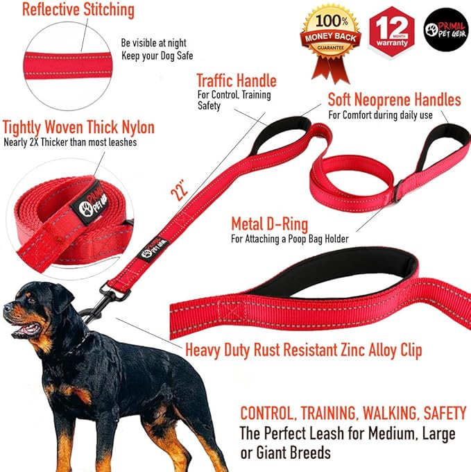 Primal Pet Gear Dog Leash 6ft Long,Traffic Padded Two Handle,Heavy Duty,Reflective Double Handles Lead for Control Safety Training,Leashes for Large Dogs or Medium Dogs,Dual Handles Leads(Red)