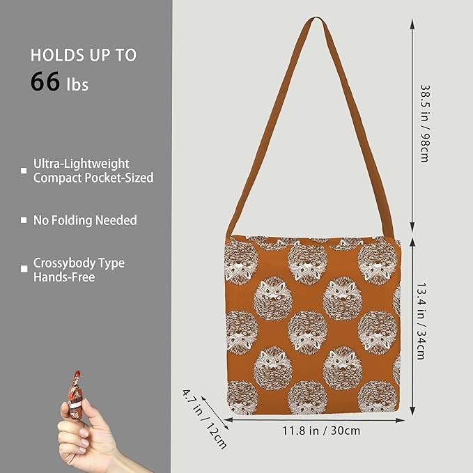 BeeGreen Hedgehog Ultimate Crossbody Tote Bag - Orange Reusable Grocery Shopping Bag - Foldable Compact Portable Sturdy Bags