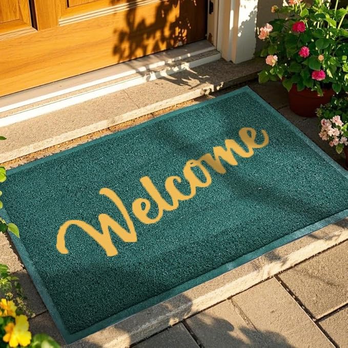 T.HENV Welcome Mat Outdoor Indoor, 36x24, Green-Gold, Waterproof, Non Slip, Easy Clean