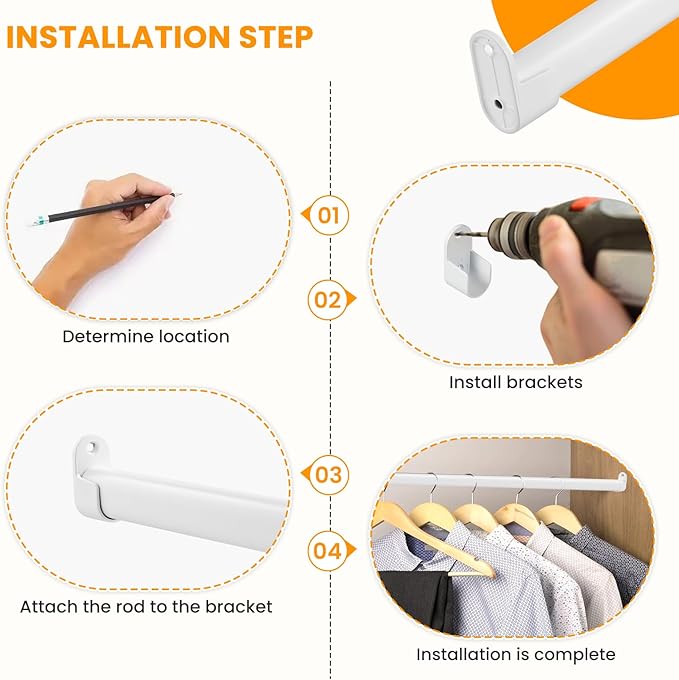 Oval Closet Rod for Hanging Clothes 18 to 40 Inch Adjustable Closet Rods 1 inch Diameter With End Supports White Poles Bar Closet Rod Expandable for Wardrobes