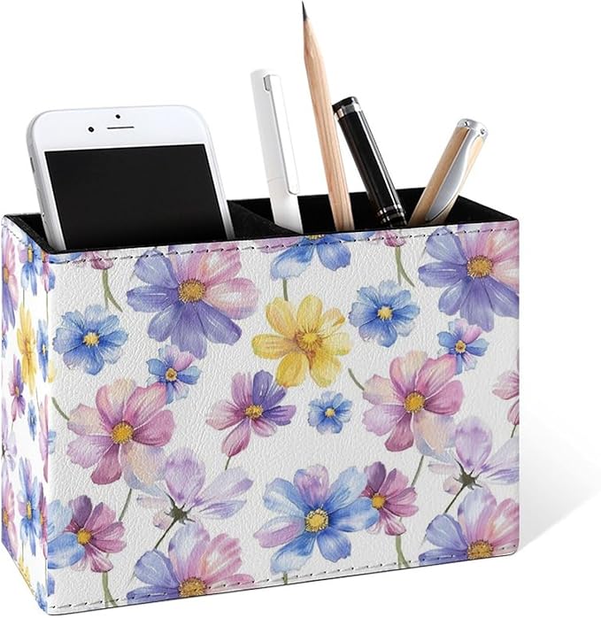 Famame Watercolor Cosmos Daisy Pencil Holder for Desk, Leather Desktop Container Pen Cup Storage Study Table Pen Organizer Makeup Brush Holder for Classroom Office Home