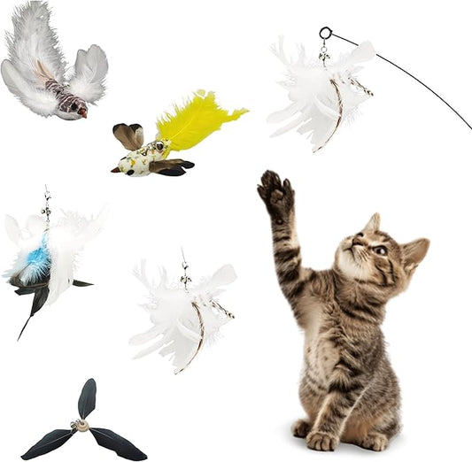 Variety Play Set, 5 Pack Refills for Wand and Fishing Poles, Spring Wires, Door/Wall Hang Ropes. 2 Bird, 2 Feather & Windmill Cat Toys - Bells & Easy Clip-On