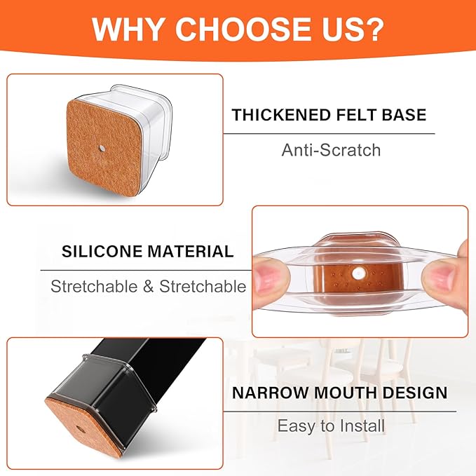 Ansible 24 pcs Square Large Chair Leg Floor Protectors, Furniture Felt Pads Silicone Covers caps for Chairs,Chair Leg Protectors for Hardwood Floors (Large fit:1'' to 1-5/8'')