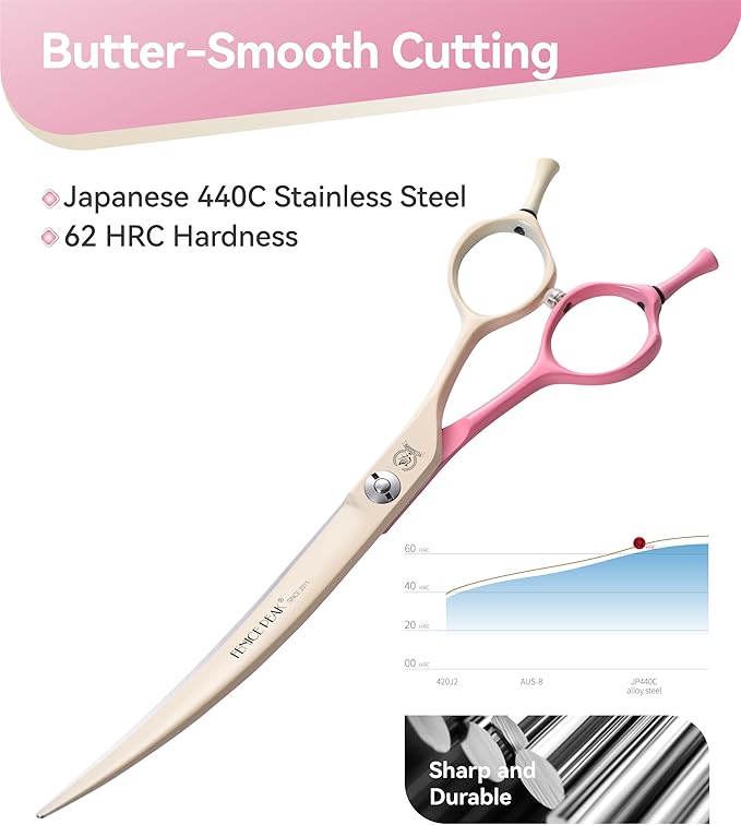 Fenice Peak Curved Dog Grooming Scissors with Coating 440C Stainless Steel, 7 inch Professional Curved Shears Dog Grooming，25 Degree of Curved Blade，Pet Shears for Trimming Face and Paws, Pink & White