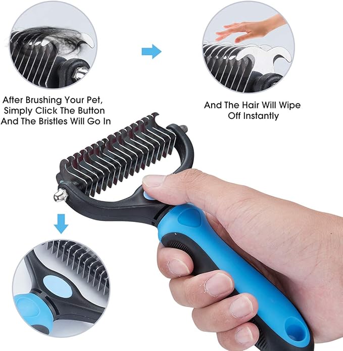 XLCL pet Pet Grooming Tool - 2 Sided Undercoat Rake for Cats and Dogs - Safe Dematting Comb for Easy Mats & Tangles Removing - No More Nasty Shedding and Flying Hair blue