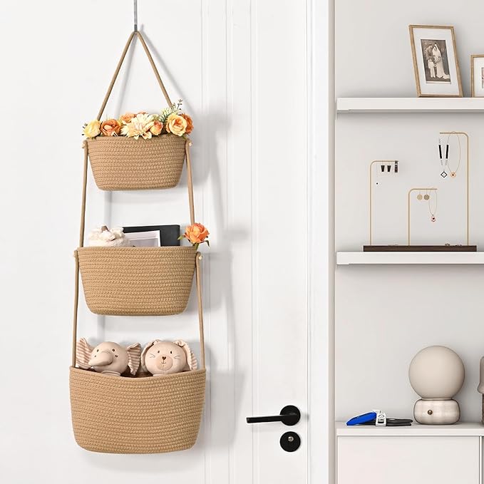 Hanging Storage Baskets, Over The Door Basket, Cotton Wall Baskets Storage, Hanging Door Basket with 4 Hooks