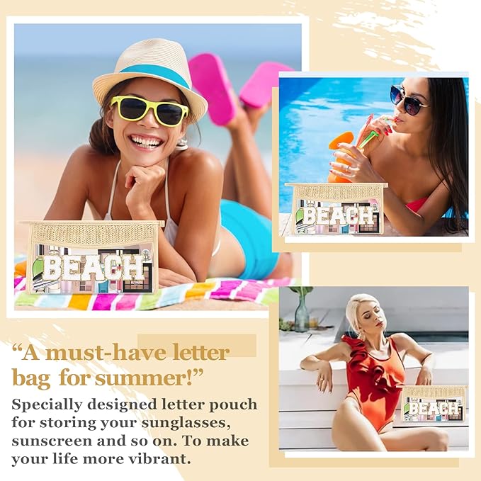 2 Pcs Boho Straw Clear Makeup Letter Bag BEACH Pouch, Sunscreen Bags for Beach Travel Small Cute Chenille Letter SPF Bag Pouch,Waterproof Beach Toiletry Sun Bag Best Beach Accessories for Women(BEACH)