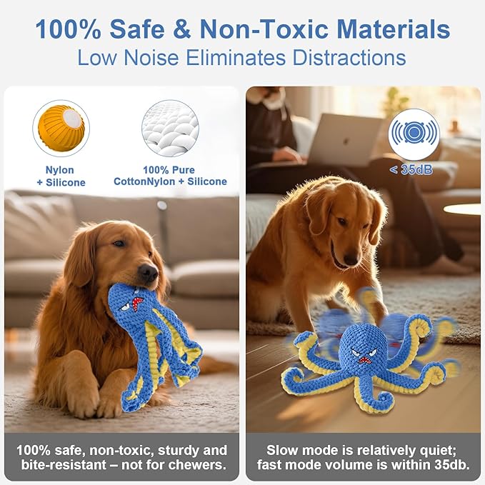 Qraxond Interactive Dog Toys Octopus,Durable Automatic Jumping Dog Toy to Keep Them Busy,Squeaky Moving Tug of War Doggie Toy,USB Rechargeable,Not for Aggressive Chewers (Blue)