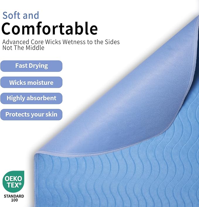 Accompagner Waterproof Reusable for Adults and Pets Washable Pee Pads for Dogs Changing Pad Large Dog Bed Size Adults Incontinence Bed Pads - Non-Slip Leak-Proof (Blue, 36"x54"(Pack of 4))