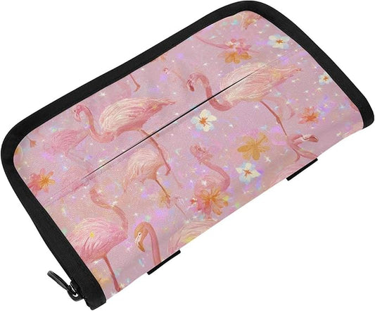 Car Tissue Holder Car Napkin Holder Car Tissue Box Dispenser Storage Case Sun Visor Mask Holder with Adjustable Straps Reusable Refillable Pink Gradient Flamingo and Petals