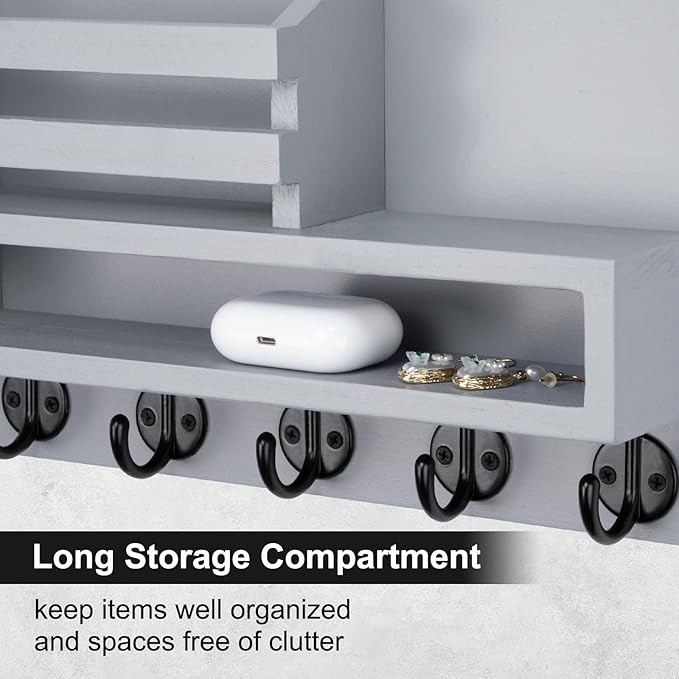 Lucundm Key and Mail Holder Wall Mount, Key Hanger with Long Storage Box and Key Hooks for Coat, Dog Leash, Home Decor Rack, House Accessories, Entry Way Organizer