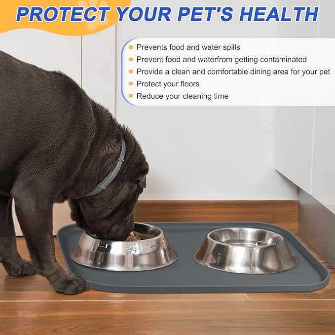 Silicone Pet Feeding Mat with Raised Edge for Food and Water, Dog Bowl Mats, Cat Bowls Placemat with High Lip for Floor Waterproof, Rubber Tray for Cats and Dogs 19 x 12 x 0.7 Dark Grey