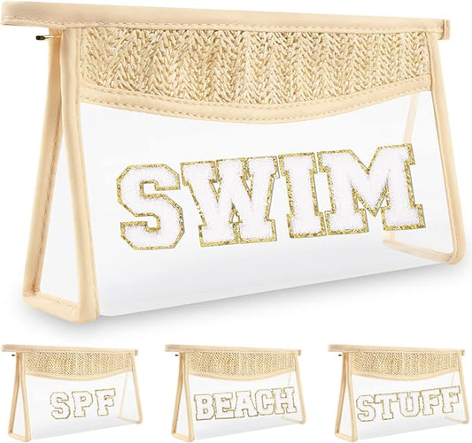 Clear Makeup Letter Patch Makeup Bag SWIM Pouch, Boho Clear Toiletry Bags Travel Small Cute Preppy Letter Cosmetic Zipper Pouch Purse, Transparent Waterproof Glitter Beach Make Up Bag for Women(SWIM)