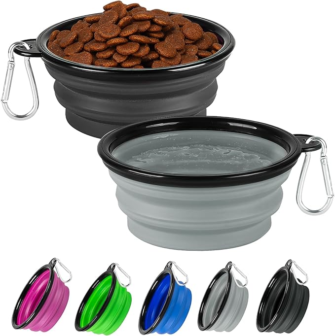 Dog Bowl Collapsible, 2 Pack Portable Foldable Travel Water Bowl Food Dishes with Carabiner Clip for Traveling, Hiking, Walking(12oz, Small, Grey+Black)
