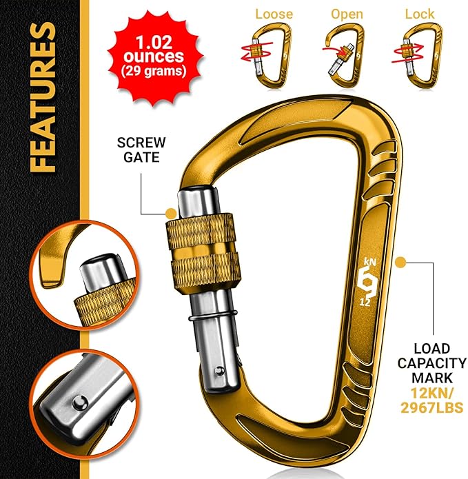12kN (2697 lbs) Heavy Duty Carabiner Clips, for Securing Pets, Outdoor, Camping, Hiking, Hammock, Dog Leash Harness, Keychains