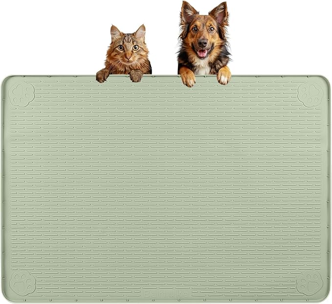 Bartuke Dog Food Mat, Extra Large 34" x 22" Silicone Pet Feeding Mat with Raised Edge Pet Placemat for Small, Medium, and Large Pets Non-Slip, Easy to Clean (Light Green)