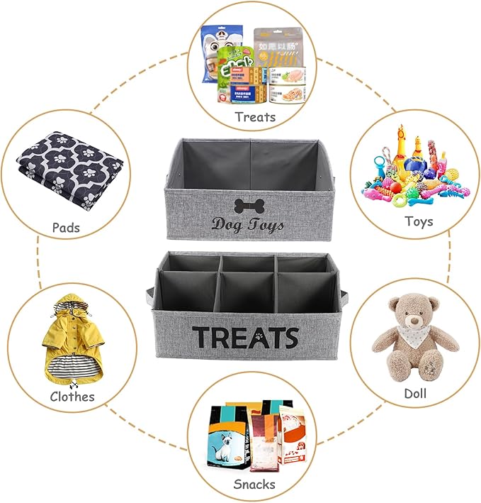 Brabtod 2pack Dog Storage Organizer,Trapezoid Dog Toy Basket,Dog Treat Container with handle,Collapsible Fabric Storage Box for Dog Toys and Dog Treats,Dog Treat Station with removable dividers-Grey