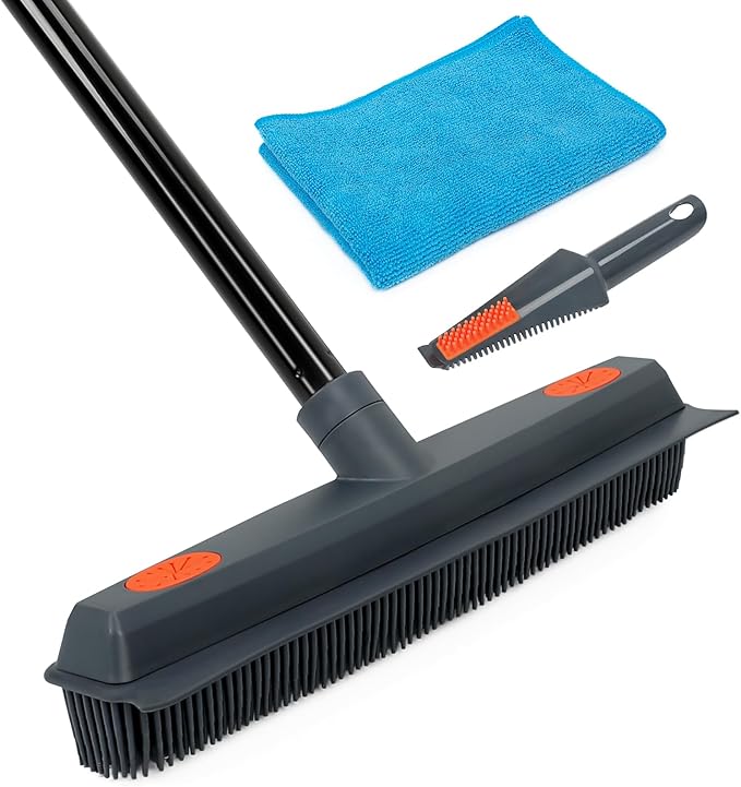 MAVRIZ Rubber Broom Carpet Rake for Pet Hair Removal - Fur Remover Broom with Squeegee for Carpet, Hardwood Floor, Tile