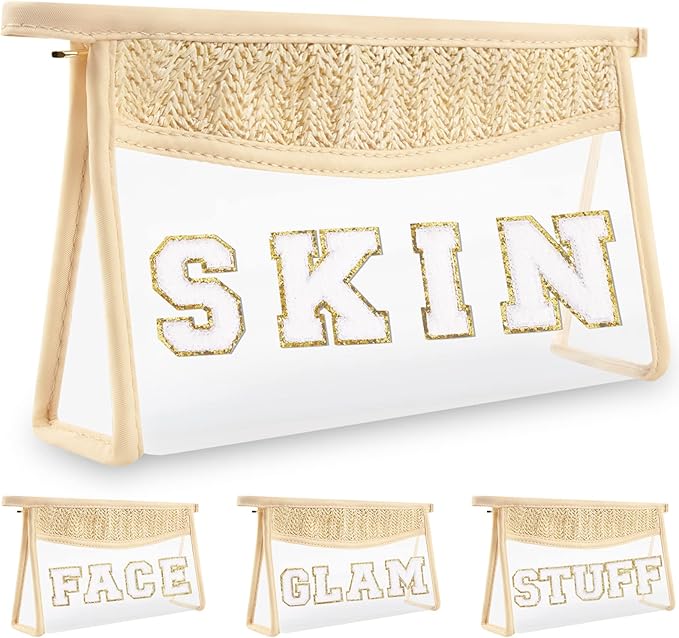 Clear Makeup Letter Patch Makeup Bag SKIN Pouch, Boho Clear Toiletry Bags Travel Small Cute Stadium Chenille Letter Cosmetic Zipper Pouch Purse, Women Transparent Waterproof Makeup Organizer Bag(SKIN)