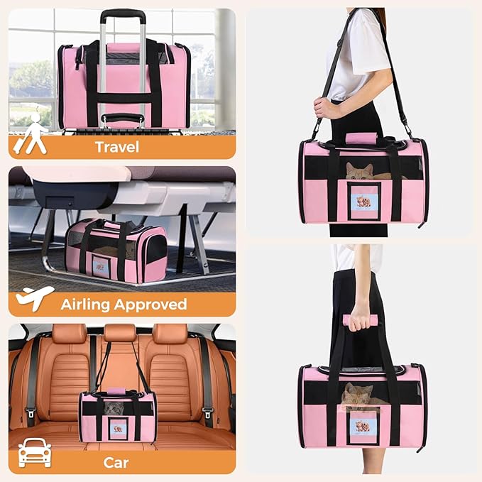 FOORLON Cat Carrier Soft for Pets Up to 25 Lbs, Cat Travel Bag with Padded Shoulder Strap and Detachable Cat Food Bowl, Pet Dog Carriers for Small Dogs Travel Puppy Carry Airline Approved, Pink