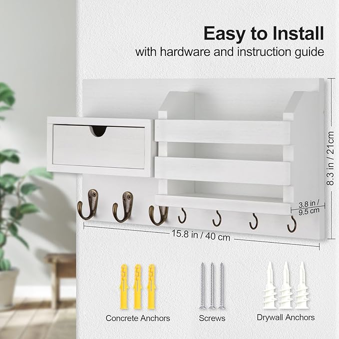 Wall Mount Key Holder with Mail Organizer, 100% Paulownia Wood, 7 Metal Hooks, Storage Drawer, Entryway Home Decor (White)