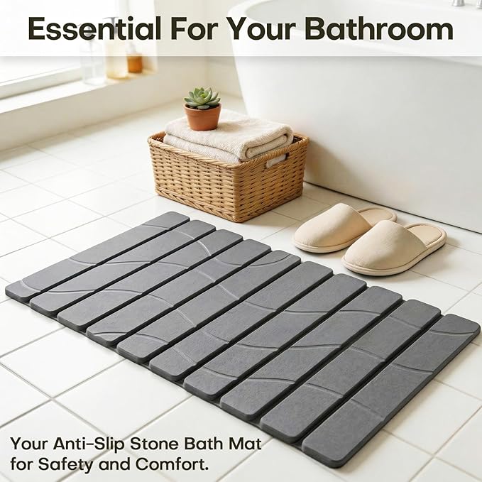 Linidcoud Foldable Stone Bath Mat, Non Slip Large Diatomaceous Shower Mat, Super Absorbent Quick Drying Stone Mat for Bathroom Kitchen Floor Counter Sink,Easy to Clean & Store (24" x 16" Dark Gray)