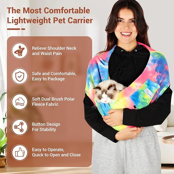 Hands-Free Cat Sling Carrier, Ultra-Soft Polar Fleece Pet Sling for Small Dogs & Cats 3-14 lbs, Machine Washable for Indoor Snuggling & Outdoor Use (Large, Fruits)