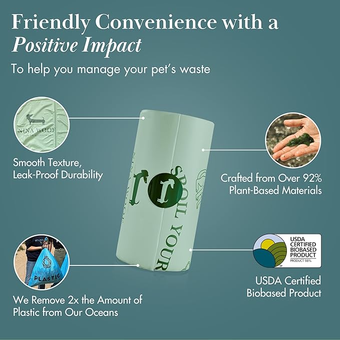 Nina Woof Eco-Friendly 92% Plant-Based Dog Poop Bags Rolls -90 Extra Thick, Durable, Leak-Proof, Odorless, Convenient Disposal - USDA Certified, Heavy-Duty Trash Bags and Garbage Bags