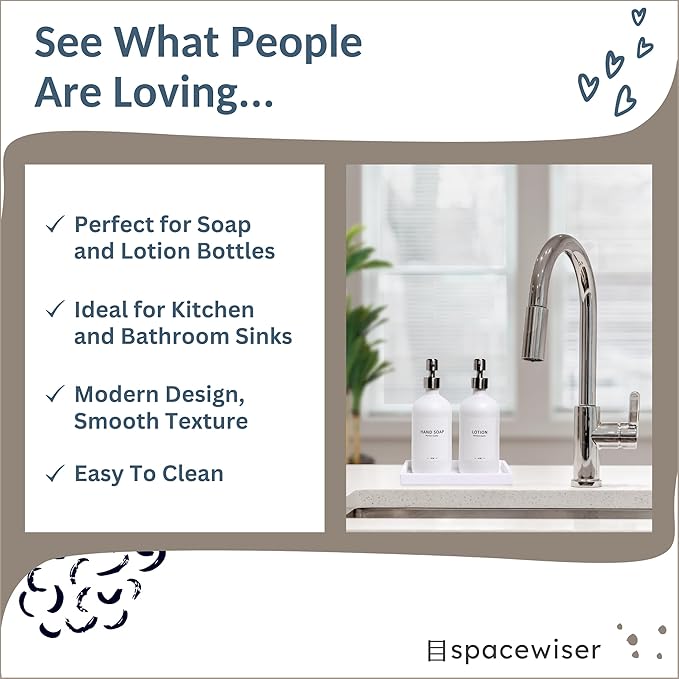 Spacewiser Countertop and Vanity Tray - Small 7.7” Silicone Tray for Soap Dispenser, Bathroom Trays, Dish Soap Trays for Kitchen Counter, Sink Caddy Sinks Organizer, Soaps Dish & Sponge Holder, White