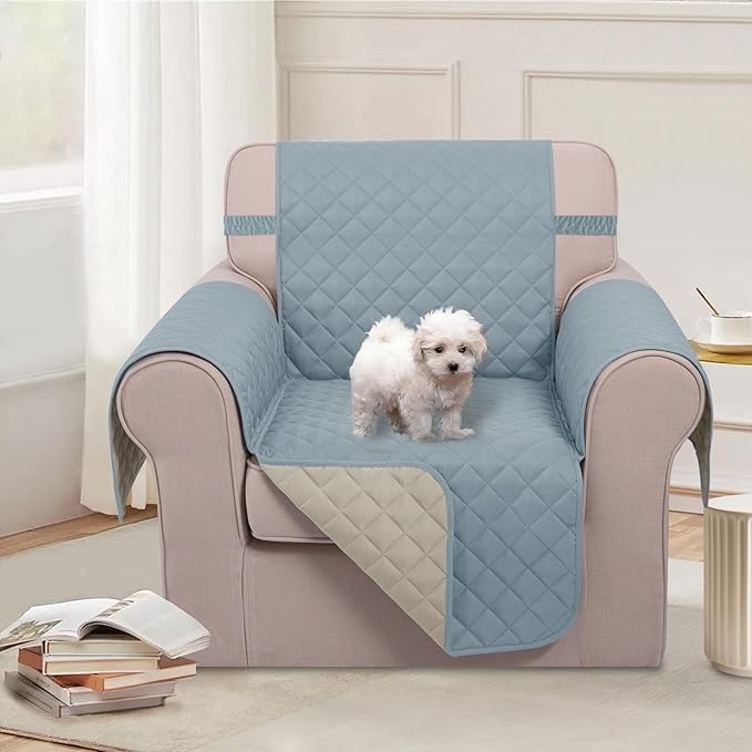 U-NICE HOME Recliner Chair Covers Reversible Chair Cover Pet Covers for Dogs with Elastic Straps Water Resistant Diamond Quilted (23''Armchair, Light Blue/Beige)