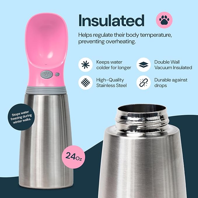 MalsiPree Insulated Dog Water Bottle - 24 Oz, Pink - Leak-Proof Stainless Steel Portable Travel Dispenser & Bowl for Trail Hiking, Park Visit, Camping & Beach Days