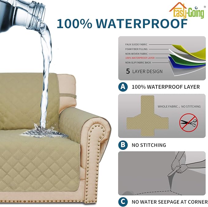 Easy-Going Sofa Slipcover Loveseat Cover Waterproof Couch Cover Washable Sofa Cover for 2 Cushion Couch Non-Slip Fabric Furniture Protector with Pocket for Pets Kids Dog Cat (Loveseat, Sand)