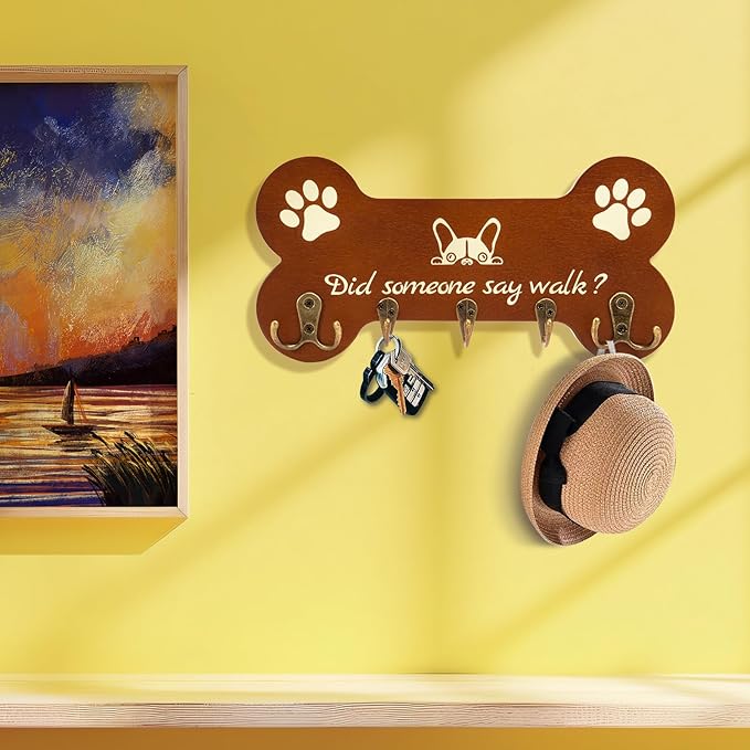 Bone Shape Dog Leash Hangers for Wall - Coat Rack with 5 Key Hooks, Perfect for Dog Lovers, Ideal for Entryway, Door and Bedroom Decor. 11.8'' x 5.9''(Brown)
