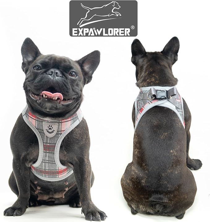 EXPAWLORER Classic Plaid Puppy Harness - Small Dog Harness and Leash Set - Dog Collar and Leash Set with AirTag Holder, Soft Padded Step in Dog Vest Harness No Pull Reflective for Outdoor, Grey XS