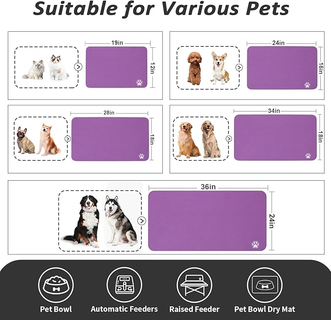 Dog Food Mat - Absorbent Cat Mat for Food and Water, No Stains Pet Feeding Bowl Mat, Easy to Clean Pet Placemats, Quick Dry Dog Water Dispenser Mat for Messy Drinkers | Paw Purple 18"x34"