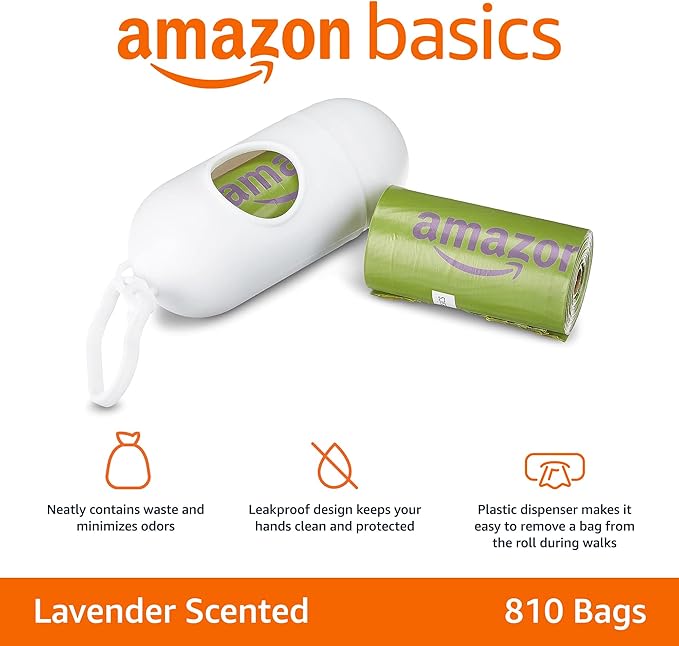 Amazon Basics Dog Poop Bags with Dispenser,Enhanced for Guaranteed Leakproof,Lavender Scented,Includes Leash Clip,(Pack of 4860)