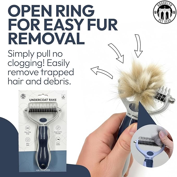 BPG Pet Grooming Tools for Dogs & Cats- 2 in 1 Dual Sided Undercoat Rake For Dogs Heavy-Duty Non Slip Grip Deshedding Comb Skin Safe With Ergonomic Handle To Reduce Shedding- Brooklyn Pet Gear