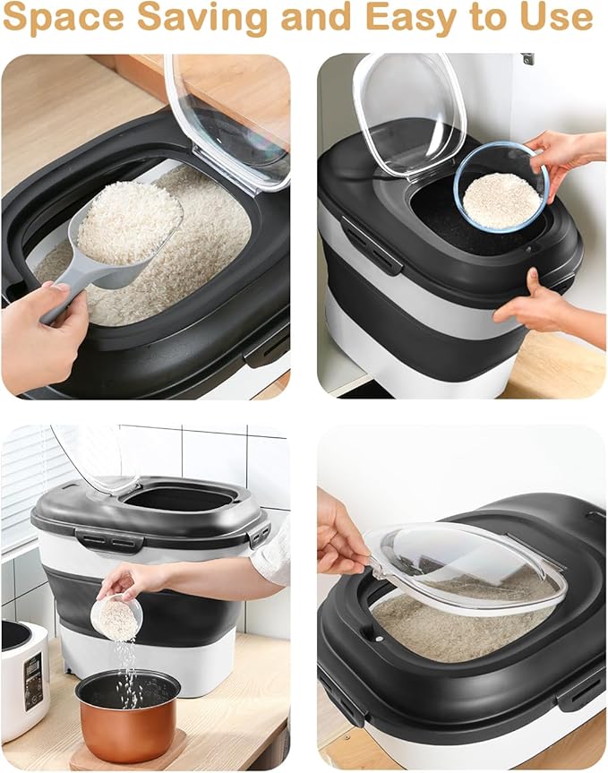 DDMOMMY 20-50 Lbs Food Storage Containers,Collapsible Rice Container with Wheel Airtight Locking Lid,Flour Storage Container with Small Food Container and Scoop,Suitable for Food,Rice,Pet Food,Flour