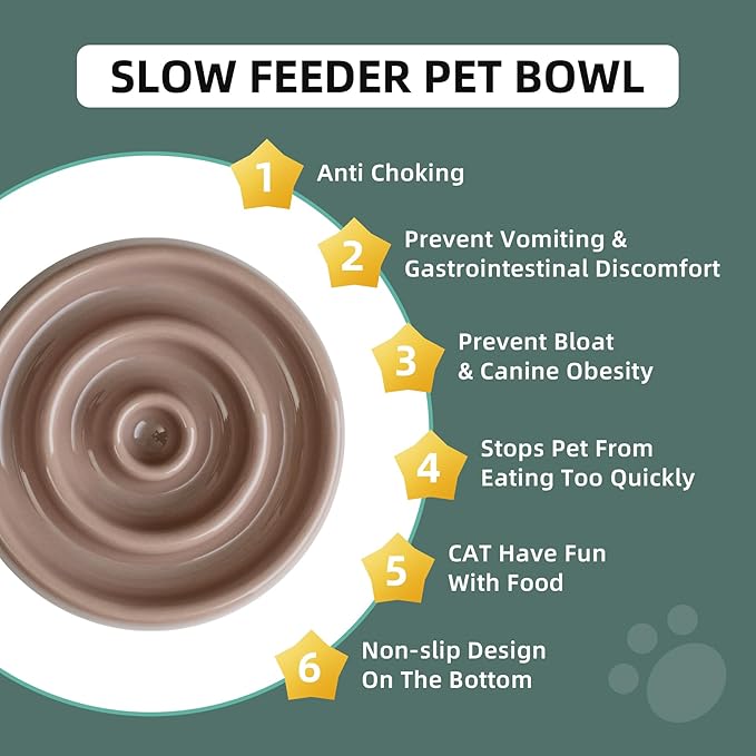 Ceramic Slow Cat Feeder Bowl for Cat, Slow Cat Food Bowl, Pet Slowe Feeder Bowl, Circle Shape. (Bowl x 2 -Brown Coffee, 6inch)
