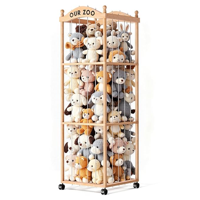 Stuffed Animal Storage Zoo Tower, Large Capacity Wooden Stuffed Animal Holder with Wheels, Space-Saving Toy Storage Organizer, Stuffy Plushies Storage for Nursery, Playroom & Bedroom