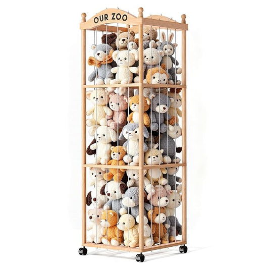 Stuffed Animal Storage Zoo Tower, Large Capacity Wooden Stuffed Animal Holder with Wheels, Space-Saving Toy Storage Organizer, Stuffy Plushies Storage for Nursery, Playroom & Bedroom