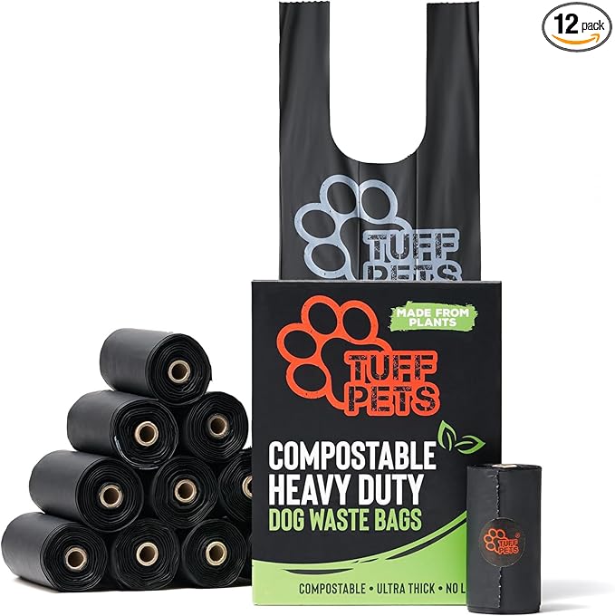 Tuff Pets Certified Compostable Heavy Duty Dog Poop Bag With Handles - 12 Rolls of Pet Waste Bags - Fits in any Dogs Poo Bag Dispenser or Holder - Thick Dog Poop Bags