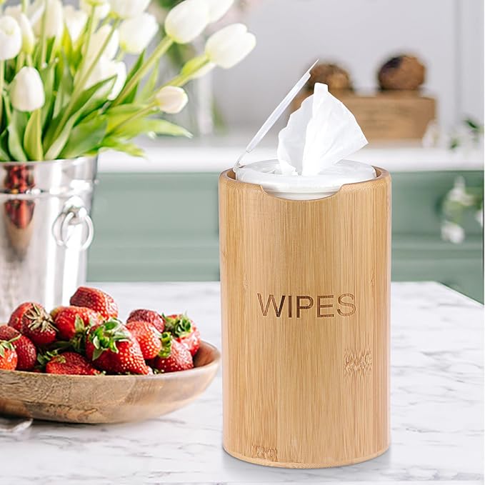 Kokone Bamboo Wipes Dispenser Compatible for Clorox Lysol, Farmhouse Wipes Canister Holder Cleaning Wipe Dispenser Container, Decorative Bamboo Wipes Dispenser Keeper for Kitchen Bathroom Office